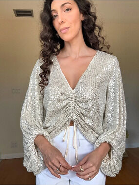 Sequin Ruched Cropped Blouse in Silver Like New